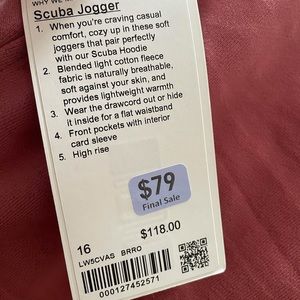 Lululemon Scuba Jogger NWT 16 Brier Rose Pink